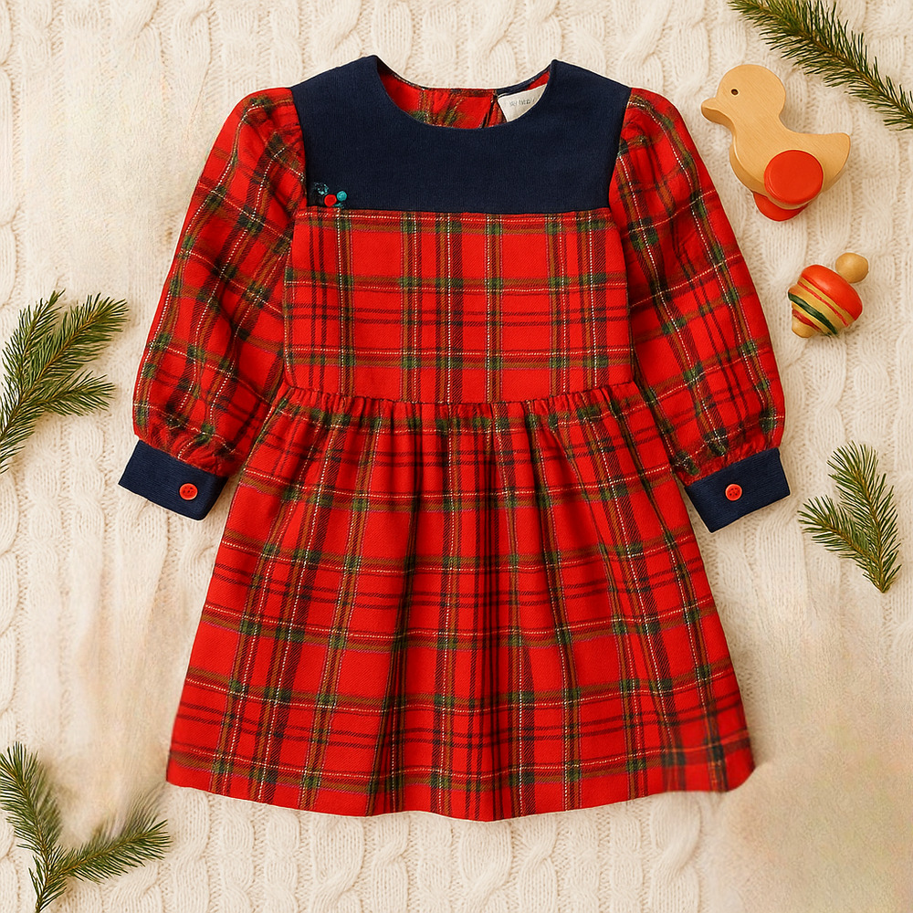 Plaid Red and Navy Kids Casual Dress